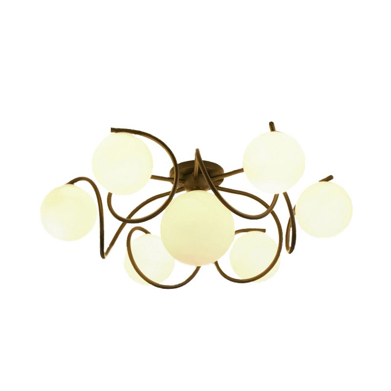 4/7 Lights Opal Glass Semi Flush Light Traditional Black/White Orb Living Room Ceiling Lighting, 22"/34" Wide