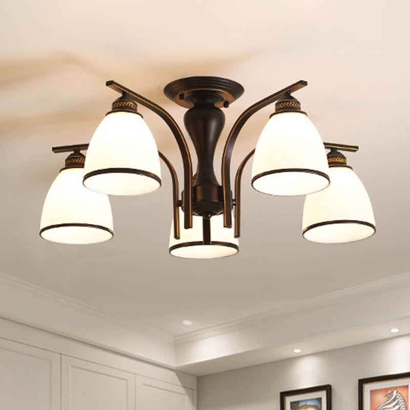 Retro Bell Flush Mount Light Frosted Glas halb Flush Kraut in Schwarz für Wohnzimmer