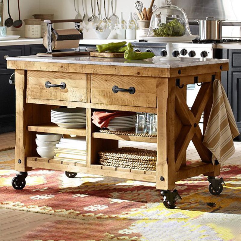 Modern Style Rolling Kitchen Cart Wood Rectangular Kitchen Island Cart
