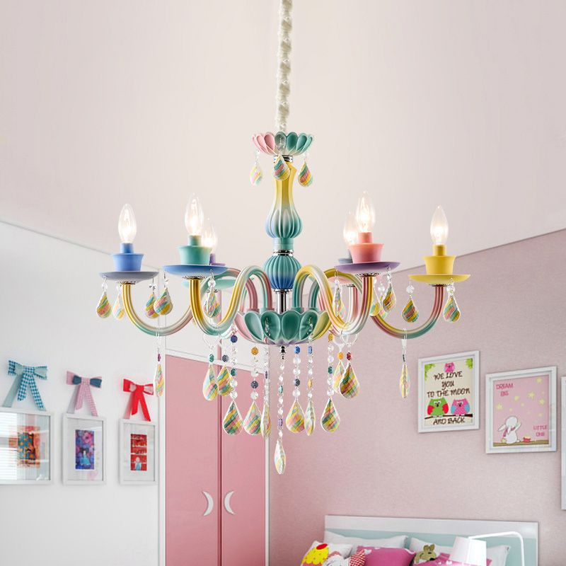 Curvy Arm Pendant Chandelier Kids Crystal 6 Heads Blue Hanging Light Kit with Candle Design