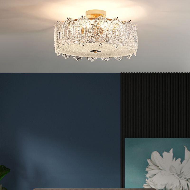 Drum Semi Flush Mount Lamp Glass Minimalist Style Ceiling Mount Light in Gold for Bedroom