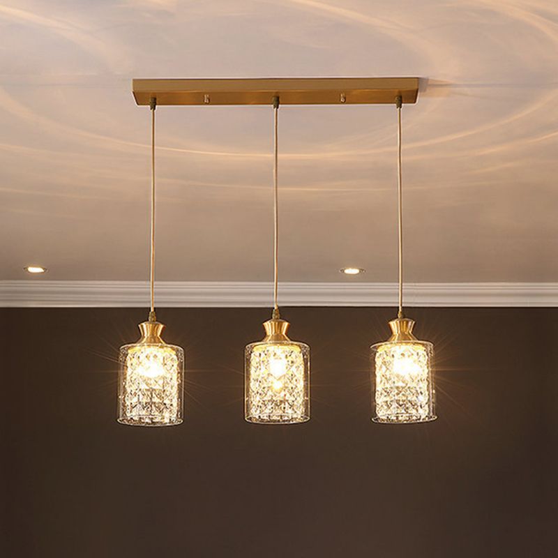 Cylinder Faceted Crystal Multi-Light Pendant Modernist 3 Heads Gold Hanging Lamp with Clear Glass Shade