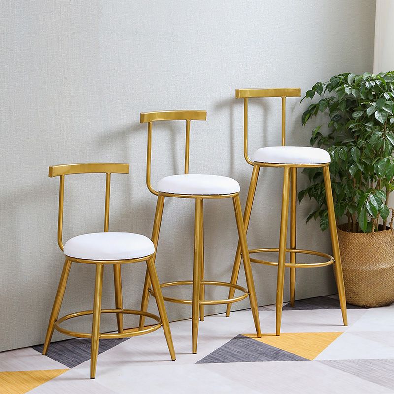 Glam Round Counter Bar Stool White Leather Bar Stool with Footrest in Gold