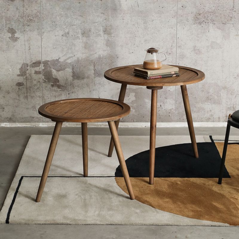 Modern Round Side Table 3 Legs End Table with Rattan Accents