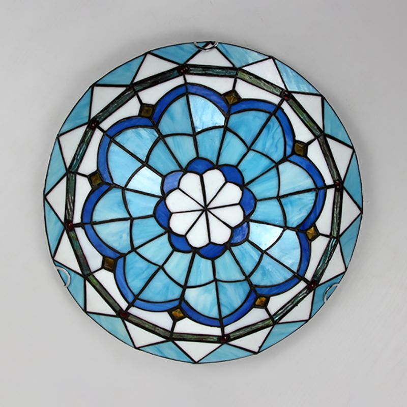 12"/16"/19.5" Wide Baroque Bowl Flush Ceiling Light Stained Glass Indoor Flush Mount Light in Blue/Blue-Brown