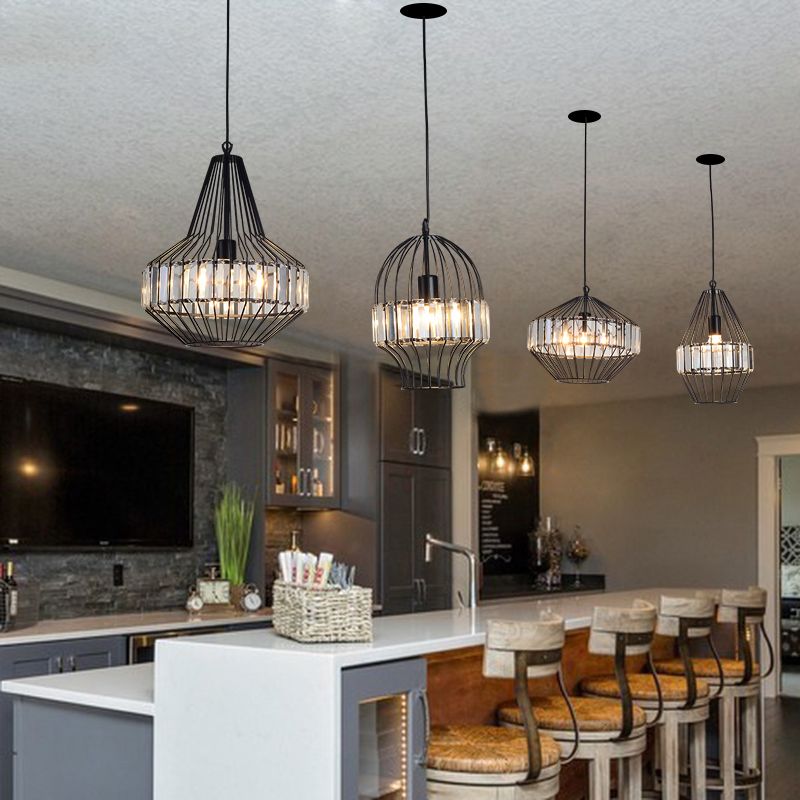 Illuminazione a sospensione cristallina in gabbia geometrica Vintage Light Black Affermazione per ristorante