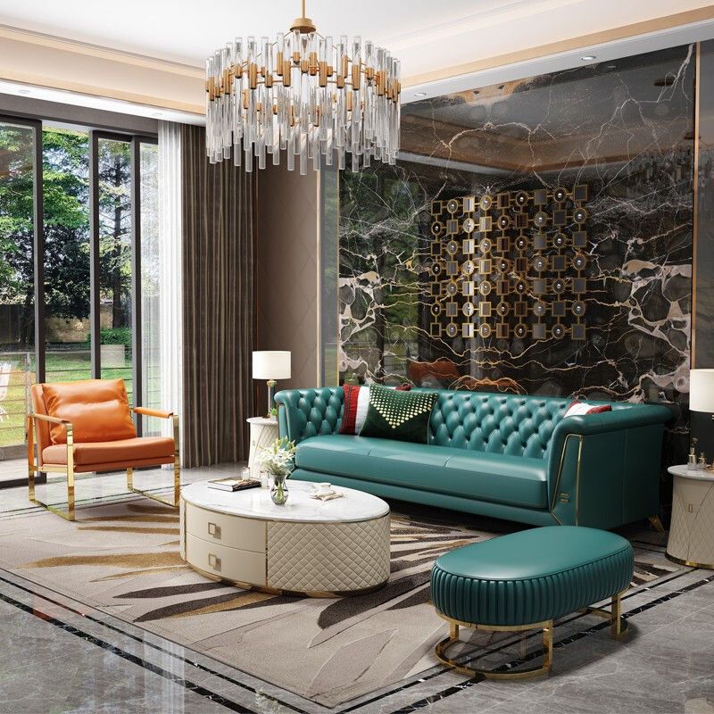 Contemporary Tufted Back Chesterfield Settee Genuine Leather Rolled Arm Sofa