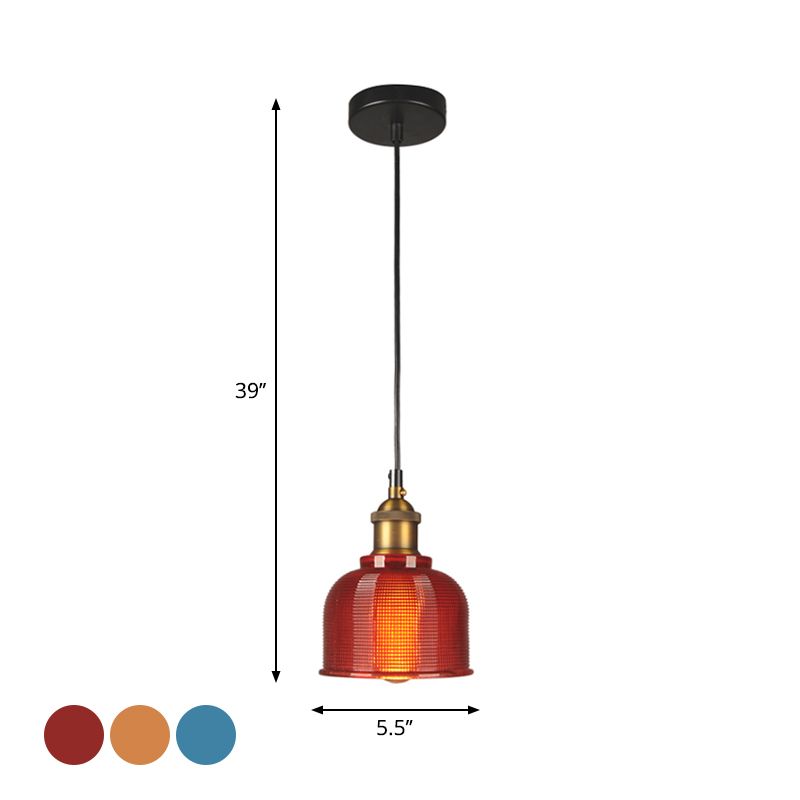 Retro Style Carillon Pendant Light 1-Light Red/Orange/Blue Gridded Glass Suspension Lighting for Dining Room