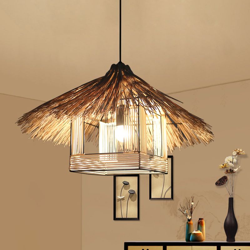 Beige House Ceiling Lamp Chinese 1 Head Bamboo Hanging Light Fixture for Dining Room