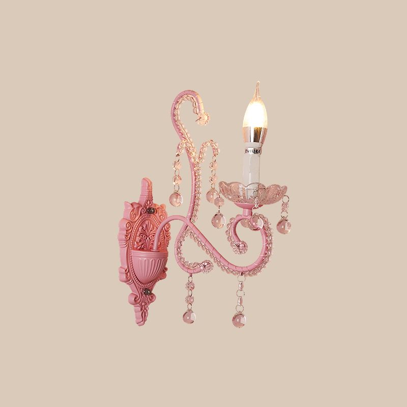 Metal Candle Wall Light Sconce Cartoon 1/2-Bulb Pink Finish Wall Lamp with Crystal Deco for Girls Bedside