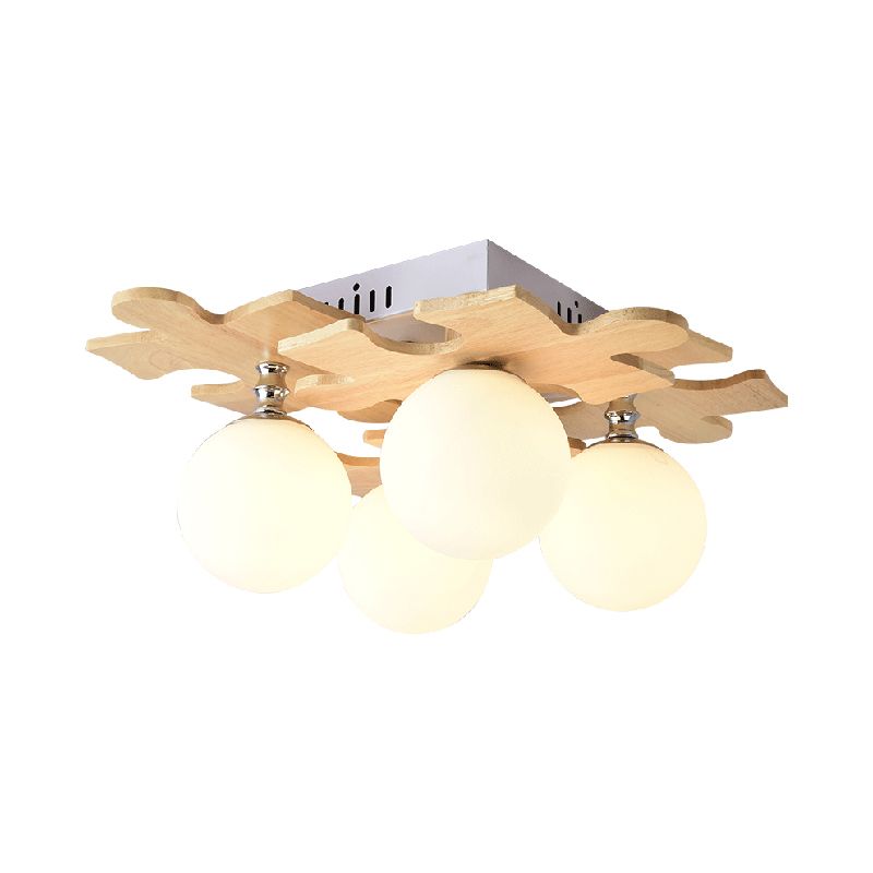 Japanese Round Flush Mount Lighting White Glass 4 Bulbs Bedroom Flush Ceiling Light Fixture with Wooden Decor