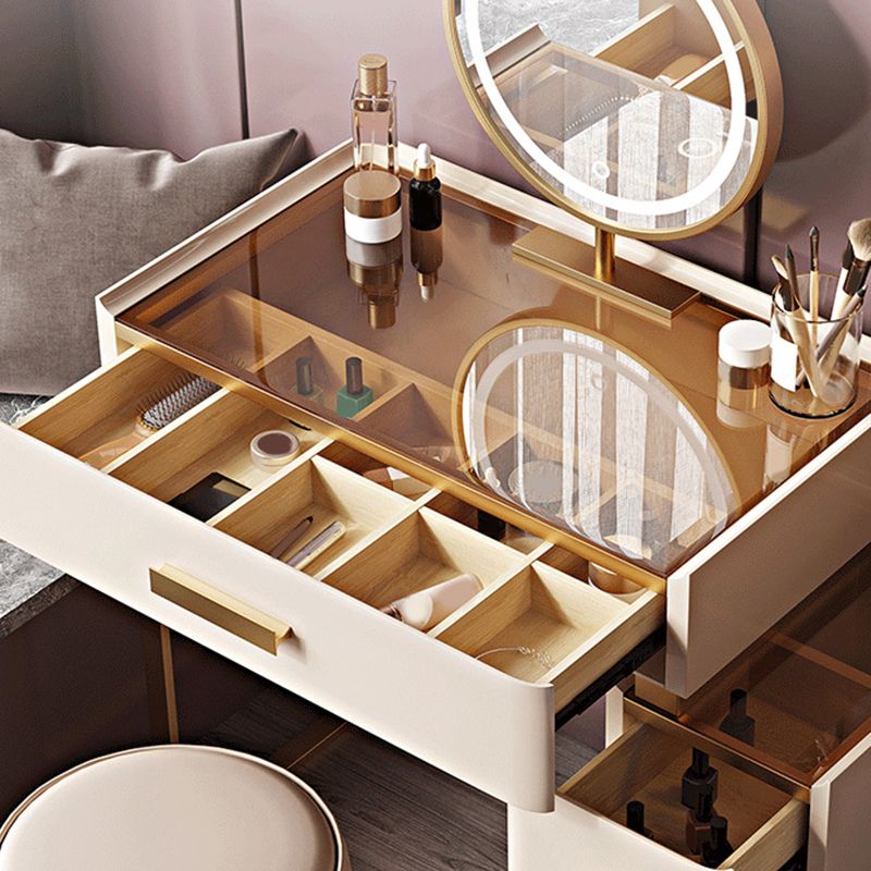 Glam Brown Glass Top Vanity Table 25.6" W 3 Drawers Dressing Table with Mirror & Stool