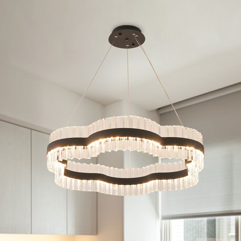 1/2 Tiers Flower Living Room Ceiling Chandelier Crystal 23.5"/31.5" Wide Led Minimalist Hanging Light Kit in Black/Gold