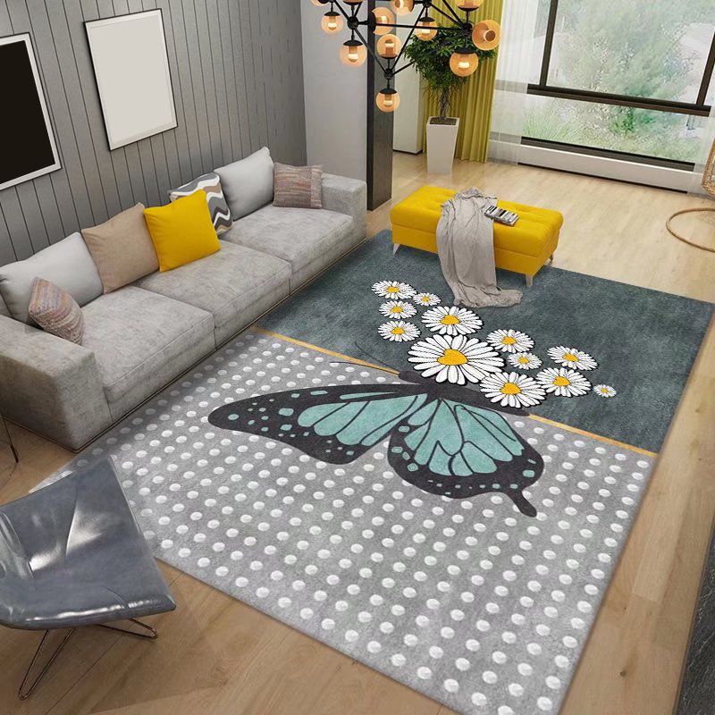 Dark Gray Butterfly Rug Polyester Modern Rug Stain Resistant Rug for Drawing Room