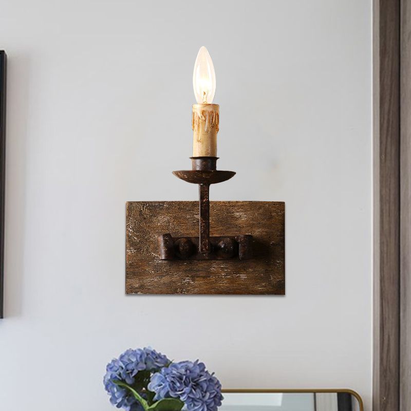 Rustic Style Candelabra Wall Light Fixture 1/2/3-Bulb Metallic Wall Mount Lamp in Brown with Rectangle Wood Backplate
