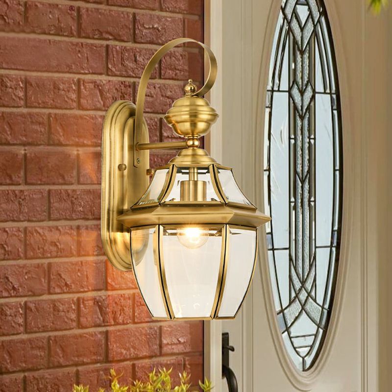 Brass Lantern Wall Sconce Traditional Clear Glass Outdoor Wall Mounted Light Fixture