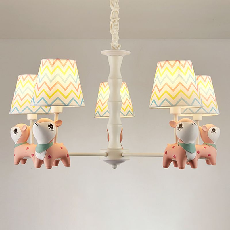 Cartoon Empire Shade Suspension Light Patterned Fabric Bedroom Chandelier Light with Resin Deer in Pink