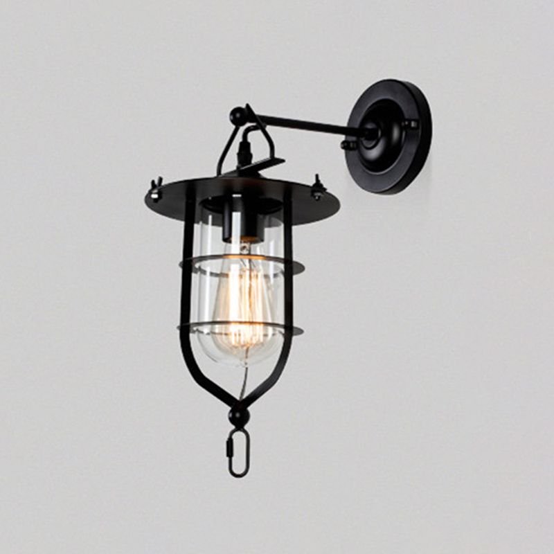 Black Single Wall Light Fixture Industrial Metal Wire Cage Wall Sconce with Clear Glass Shade