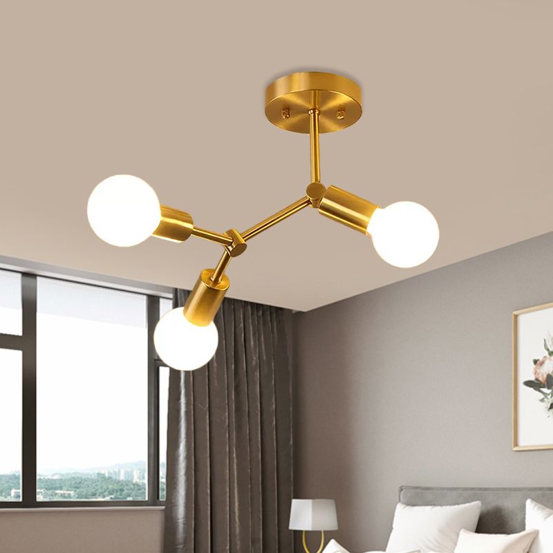 Rotating Molecule Exposed Ceiling Flush Postmodern Metal 3/4-Light Corridor Semi Mount Lighting in Brass