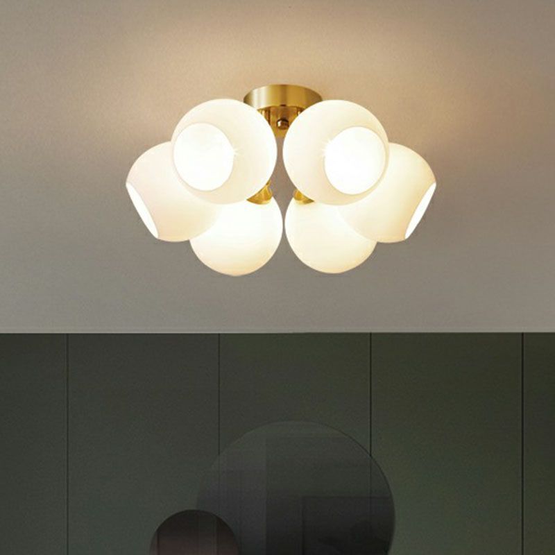 Milky Glass Dome Flush Mounted Light Postmodern Gold Plated Semi-Flush Ceiling Light for Bedroom