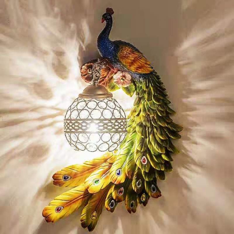 Resin Wall Light Sconce Peacock 1 Light Traditional Wall Mount Lamp with Globe Crystal Embedded Shade