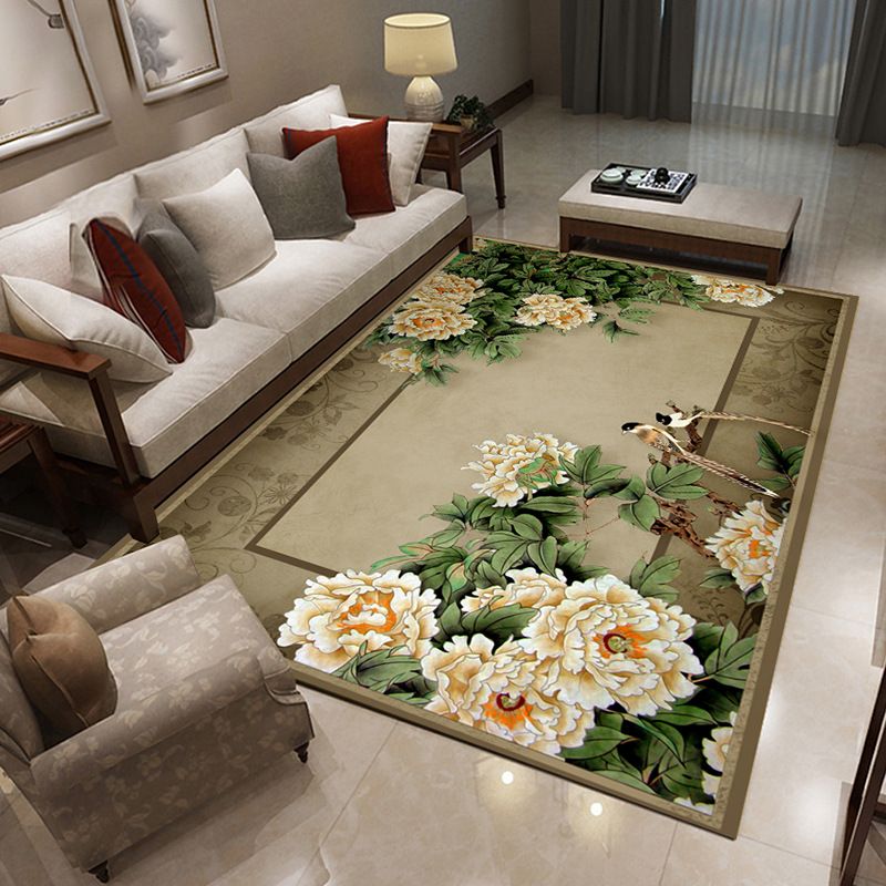 Oriental Blossom Area Rug Multi Colored Polyester Carpet Stain Resistant Non-Slip Machine Washable Rug for Living Room