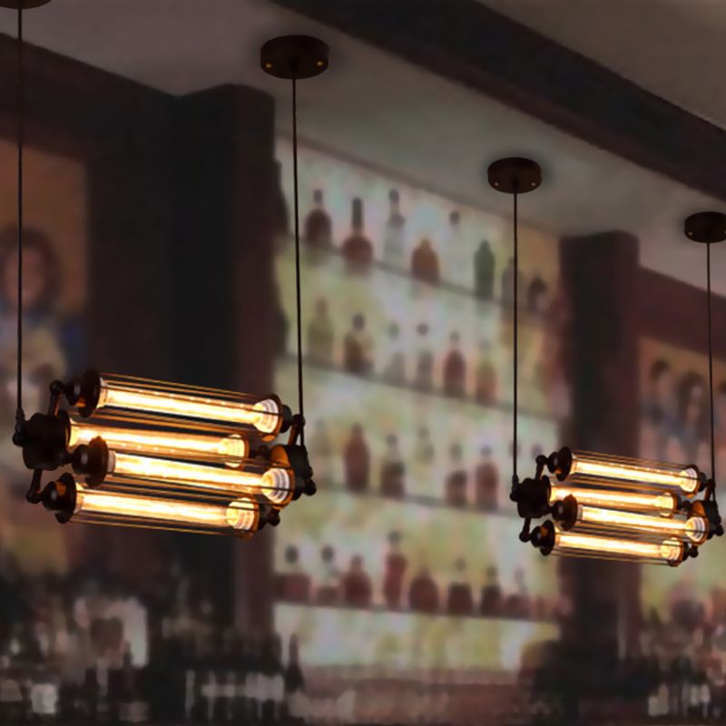 4 luces lámpara de lámpara de araña vertical/horizontal con tono de tubo de hierro estilo industrial de colgantes interiores en negro