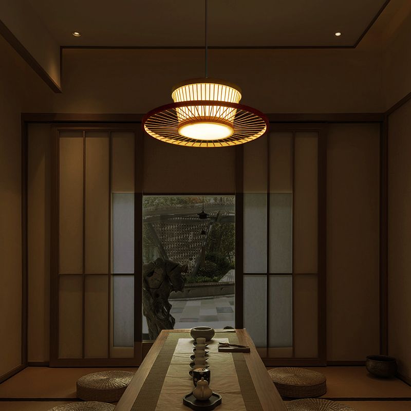 Circle Ceiling Light Asian Style Bamboo 1 Bulb Wood Hanging Lighting for Tea Room