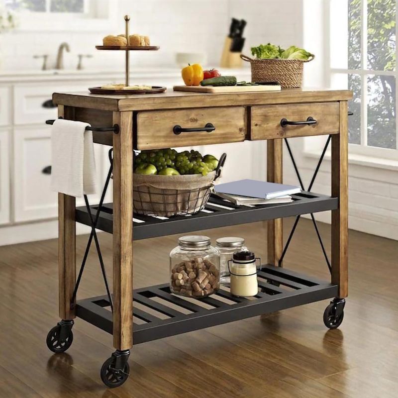 Contemporary Wood Kitchen Island Cart Rolling Kitchen Cart with Open Storage