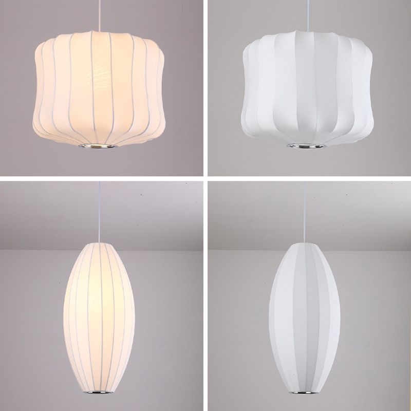 White Shaded Pendant Lighting Fixture Modern Fabric Hanging Ceiling Light for Restaurant