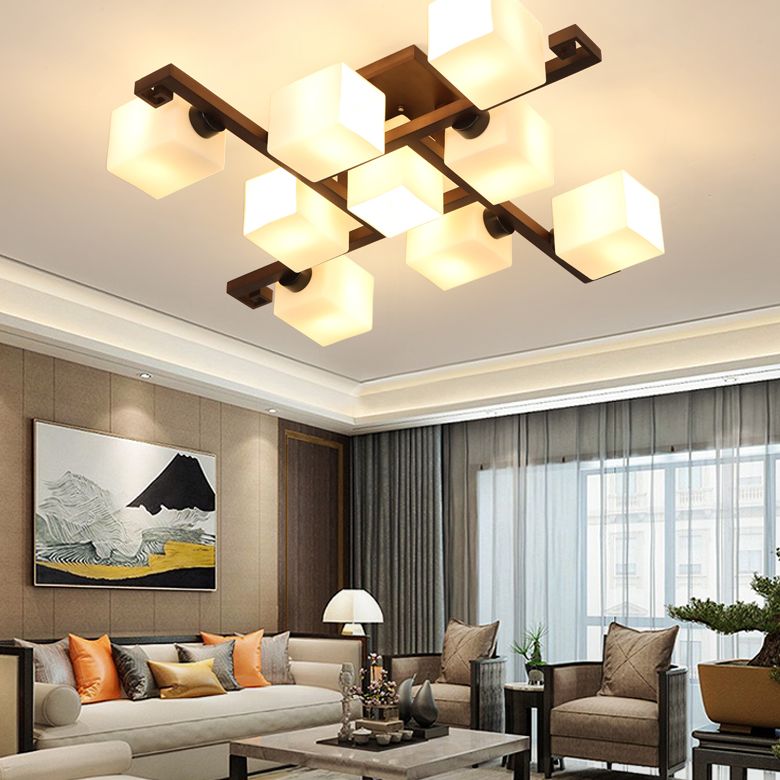 Rechteckholz halb Flush Mount Modern Moderne weiße Glasschatten Decke Spülhalterung für Restaurant