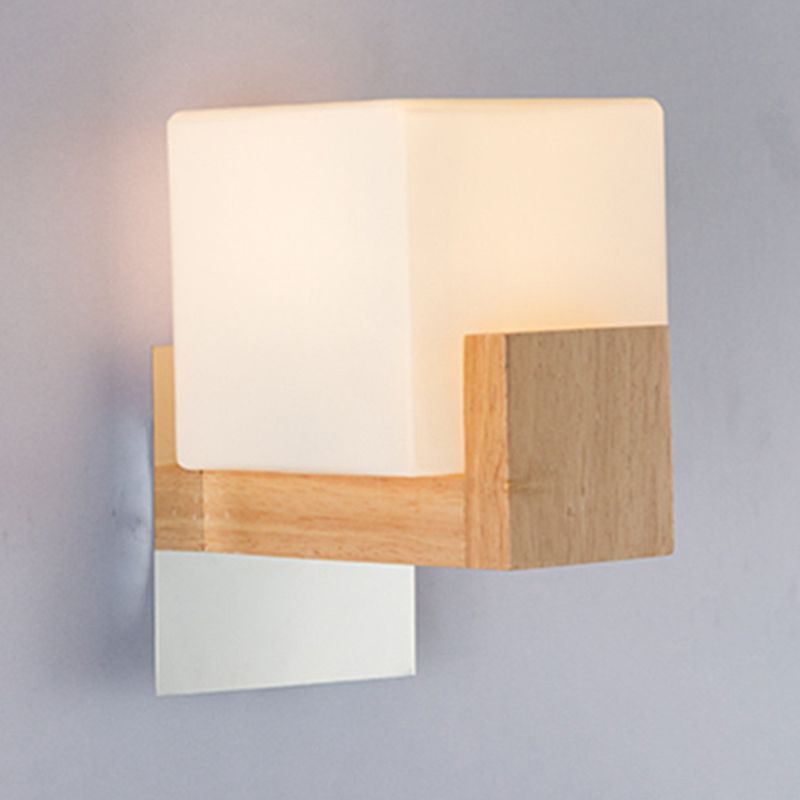 Modern Style Square Shade Wall Light Wood 1 Light Sconces for Bedroom