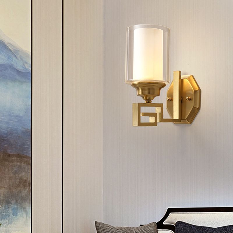Cylinder Clear Glass Wall Sconce Modern Stylish 1 Light Living Room Wall Mounted Lighting in Brass