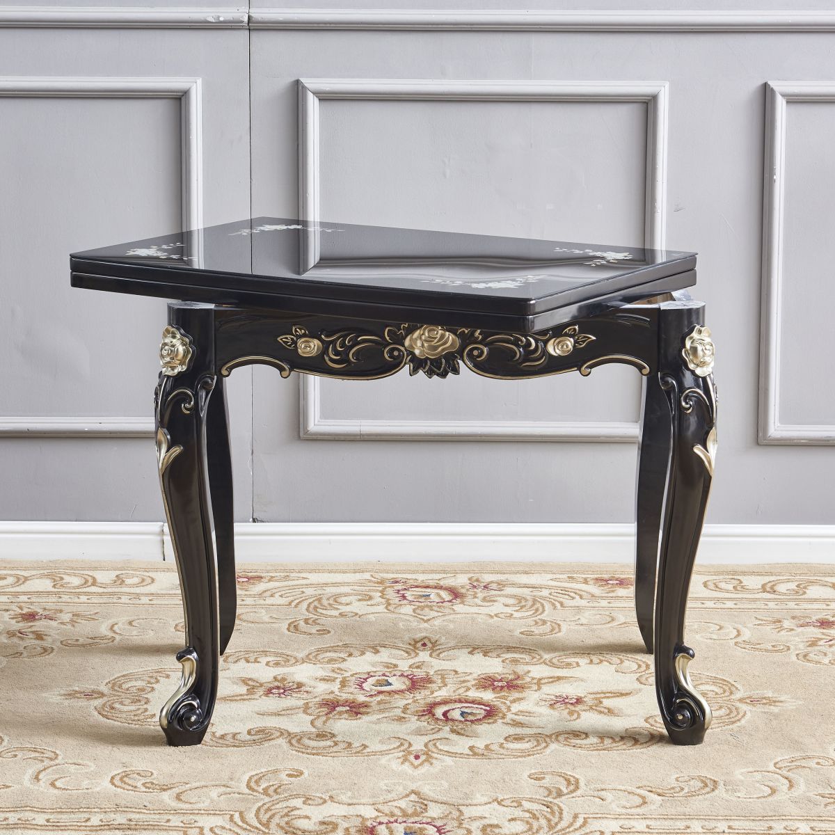 Glam Foldable Rectangle Dining Table Glass Tabletop with Wood Legs