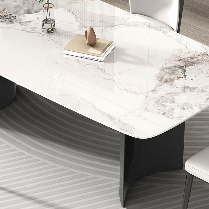 Contemporary Gray Rectangular Stone Dining Table with Double Pedestal