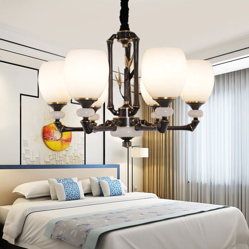 Black Bell Suspension Lighting Vintage Cream Glass 6 Heads Dining Room Hanging Chandelier
