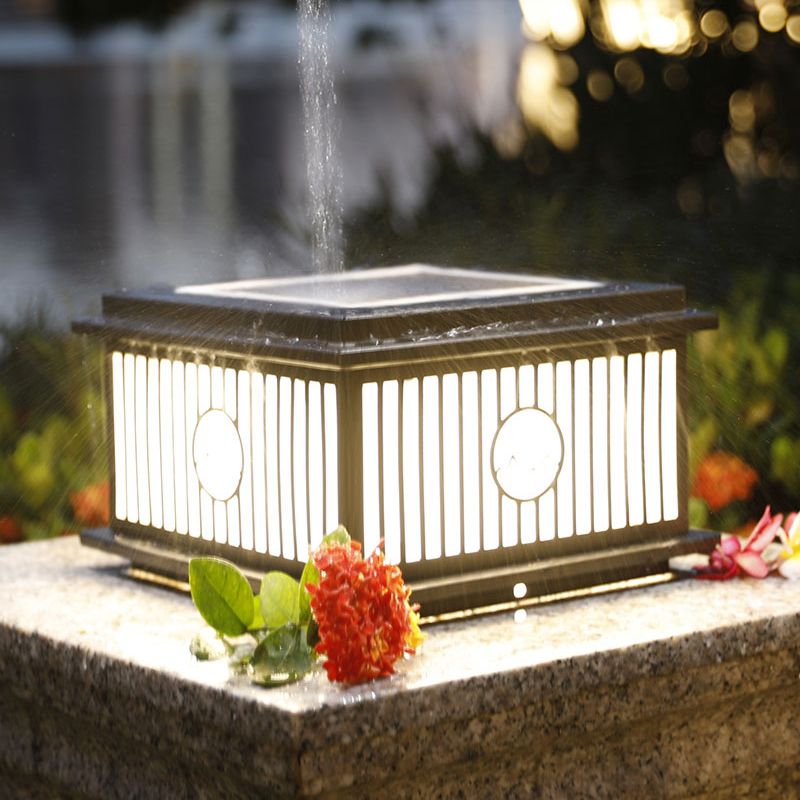 Metal Rectangle Shape Outdoor Light Modern 1-Light Solar Pillar Lamp in Black