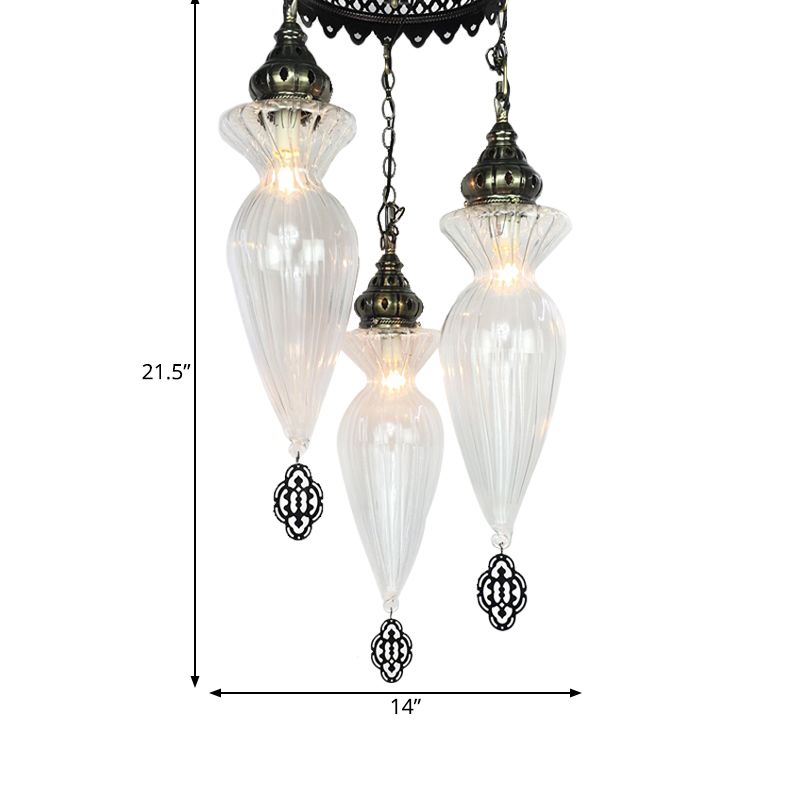 Traditional Gourd Chandelier Light 3 Bulbs Clear Ribbed Glass Pendant Lighting Fixture