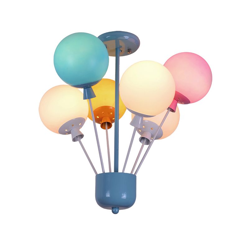 6 Lichter Kindergärten Semi Flush Mount Kids Blue Deckenleuchte mit Ballon rosa-gelbgrünem Glasschatten