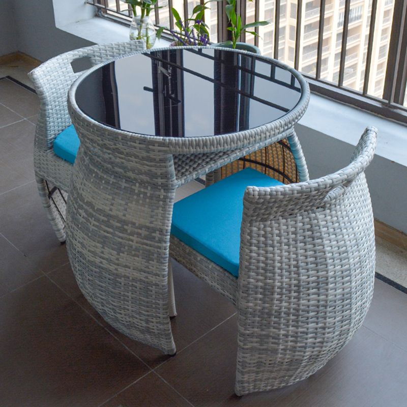 Boho Style Wicker Bistro Set 3 Pieces Round Glass Top Bistro Set