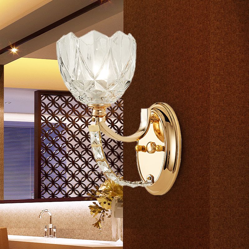 1 Head Bedroom Wall Light Modern Brass Sconce Light Fixture with Bowl/Cylinder Clear Glass Shade