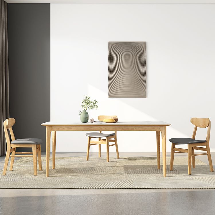 Midcentury Rectangle Dining Table Sintered Stone Table with 4 Legs Wood Base