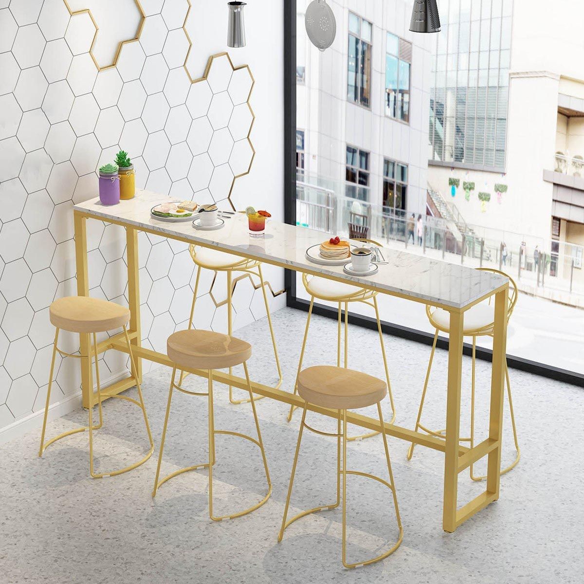 Modern Marble Bar Table Set 1/2/7 Pieces Rectangle White Trestle Table and Stool Set