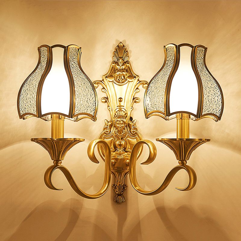 Brass Bud Wall Mount Light Traditional Beveled Glass Living Room Wall Light Fixture