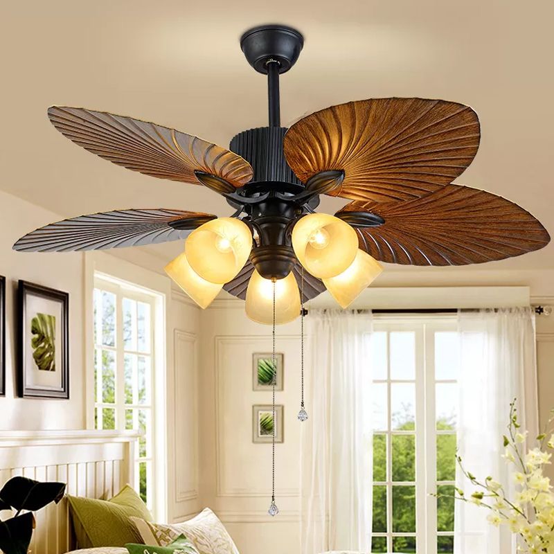 5-Blade 5 Köpfe Schlafzimmer Deckenlüftungslampe Modernes schwarzes Halbblüzlicht mit konischem Plastikschatten, 52 "breit