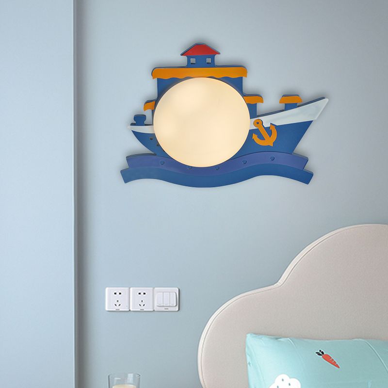 Pirate Ship Wooden Wall Mounted Fixture Kids Pink/Blue LED Wall Sconce Lighting with Round Opal Glass Shade