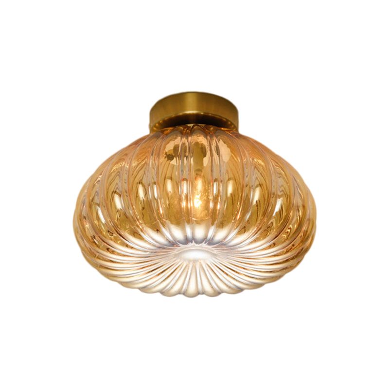 Plafonnier LED à tête unique en verre nervuré transparent/ambre à montage sphéroïde moderniste, 5,5"/11" de largeur