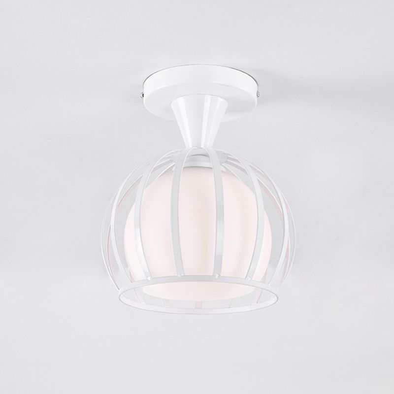 Opal Glass Half Globe Semi Flush Light Modern 1 Head White Ceiling Mount Lamp with Wire Cage Guard
