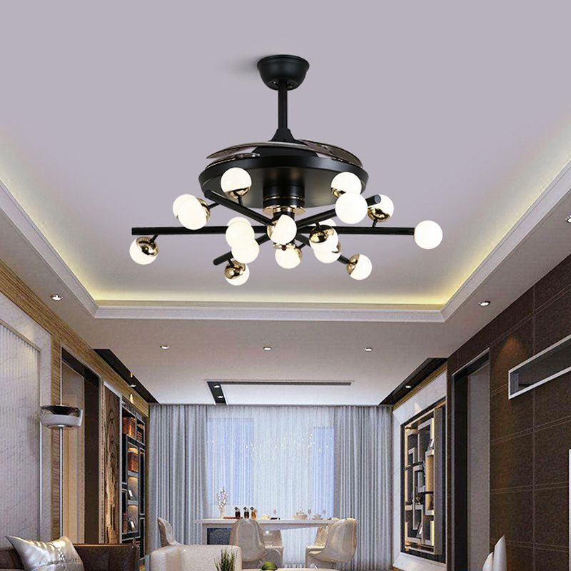 Metall Schwarz/Weiß -Lüfterlampe Sputnik 18 Köpfe moderne LED -Halbflush -Halterung mit 4 klaren Klingen, 42 "Breite
