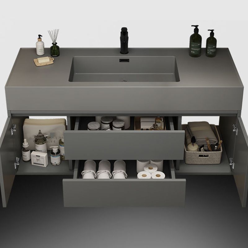 Grey Vanity Set Single Sink Shelving Included Drawers Stone Top Bath Vanity with Mirror